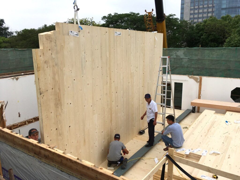 CLT wall panel installed by crane, Suzhou 2018